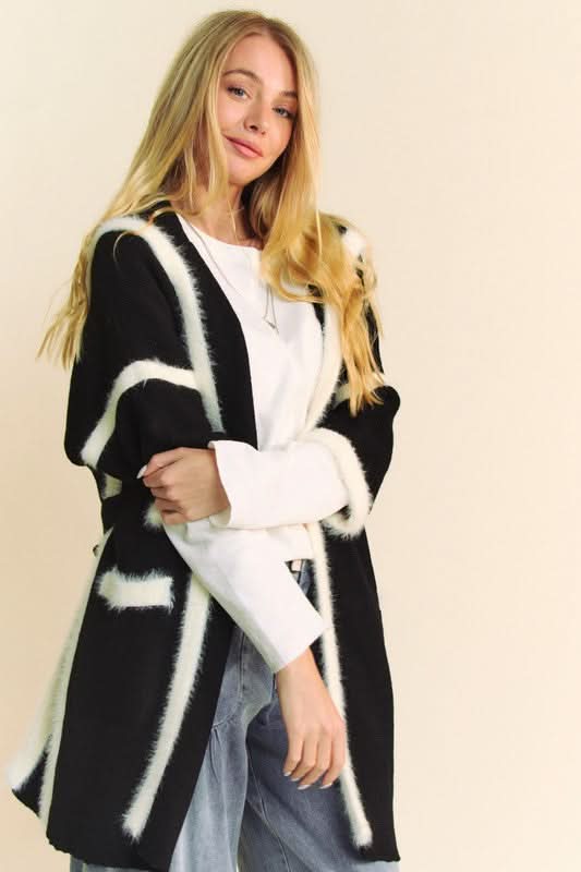 Davi & Dani Fuzzy Trim Open Front Loose Fit Cardigan - Love Salve